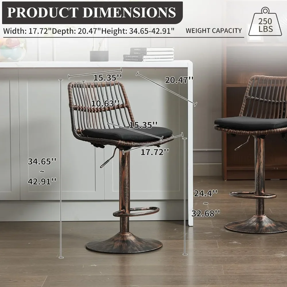 Rattan Bar Stool Set Of 2, Linen Upholstered Barstool With Backrest, Swivel Bar Chair With Footrest, Dining Bar Stool With Round