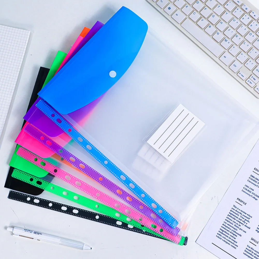 6 pcs New PP Binder Folders Clear Envelopes Punched Pockets A4 Button Closure Label Loose-Leaf Document Storage