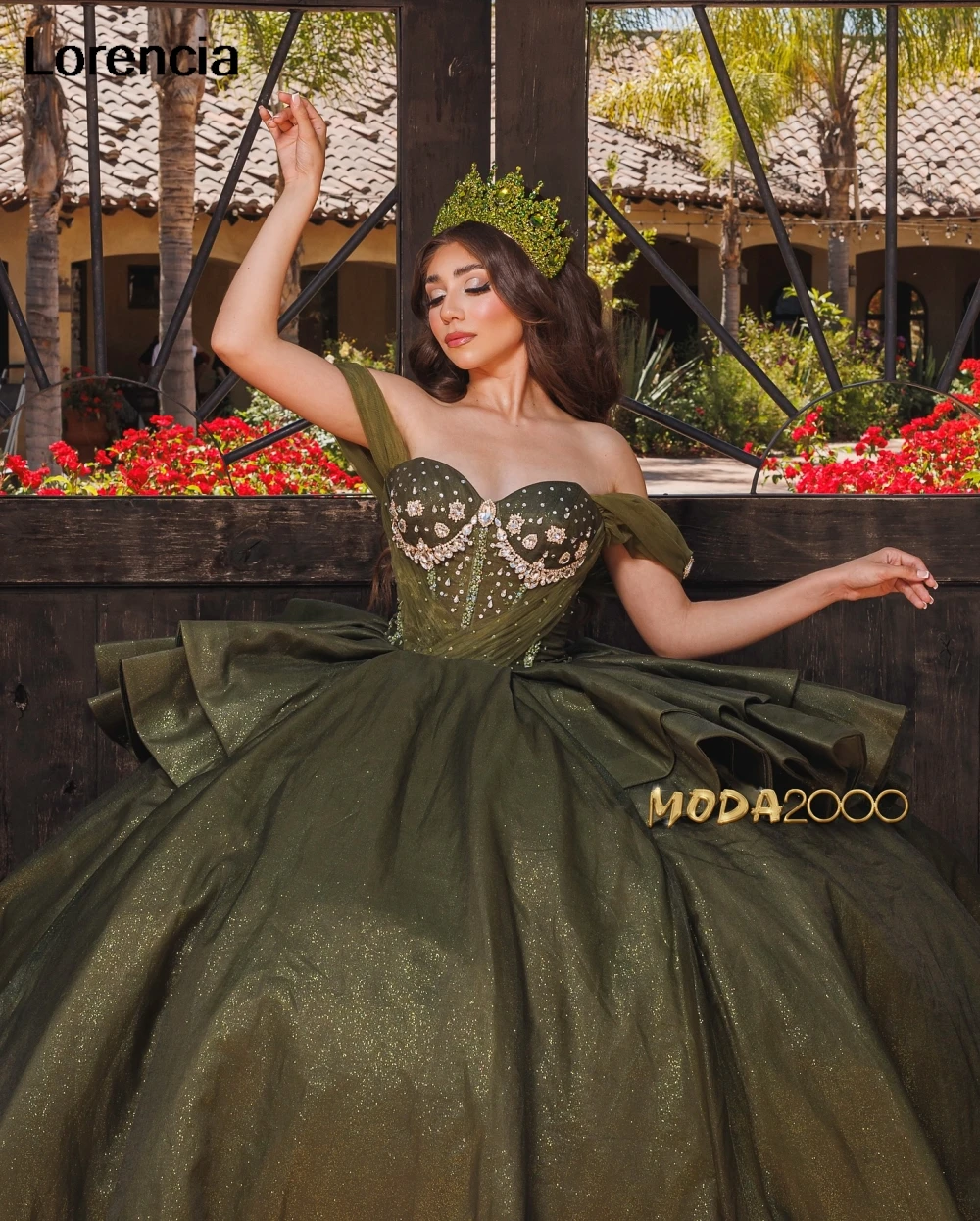 Lorencia Glitter Olive Quinceanera Dress Ball Gown Tiered Ruffles Crystal Beaded Mexico Corset Sweet 16 Vestidos De 15 Años YD17