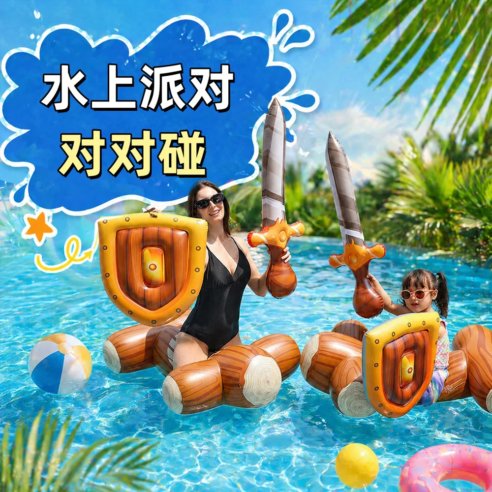 2026 Wood Grain Mount Float Shield Sword Design Inflatable Ride On Toy Water Play Entertainment Float For Swimming Pool
