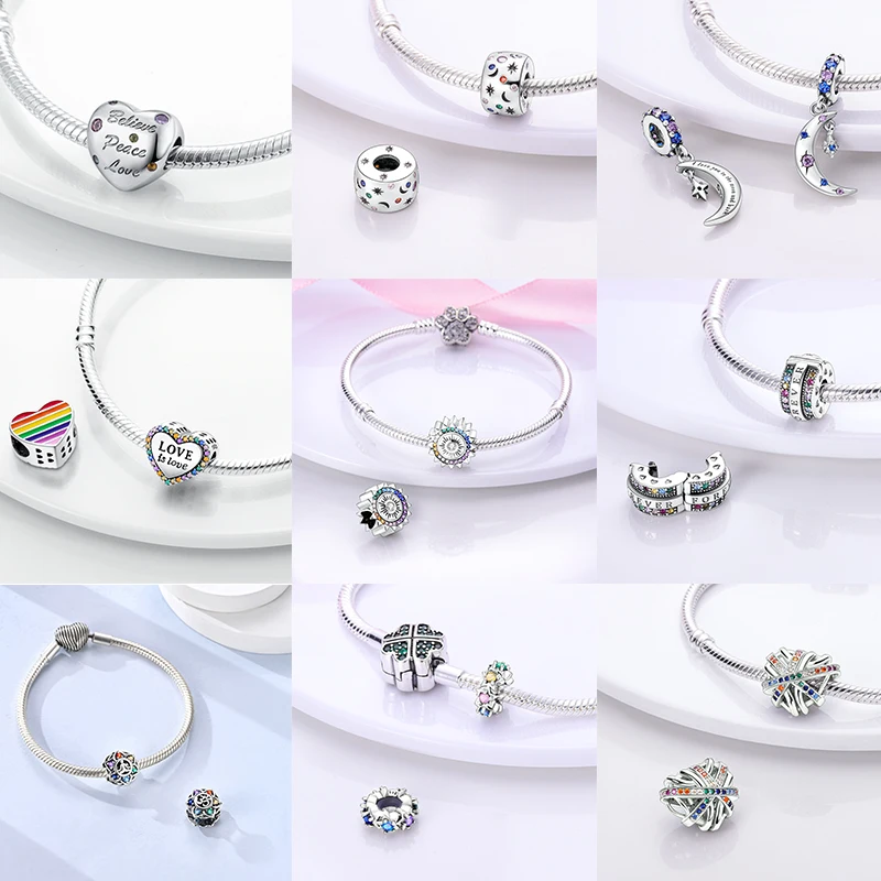 925 Sterling Silber Bunte CZ-Charm-Perlen Herz Baum des Lebens Elefant Hamsa Pfote Sonne Mond für DIY Armband Halskette Geschenk – Detail 9