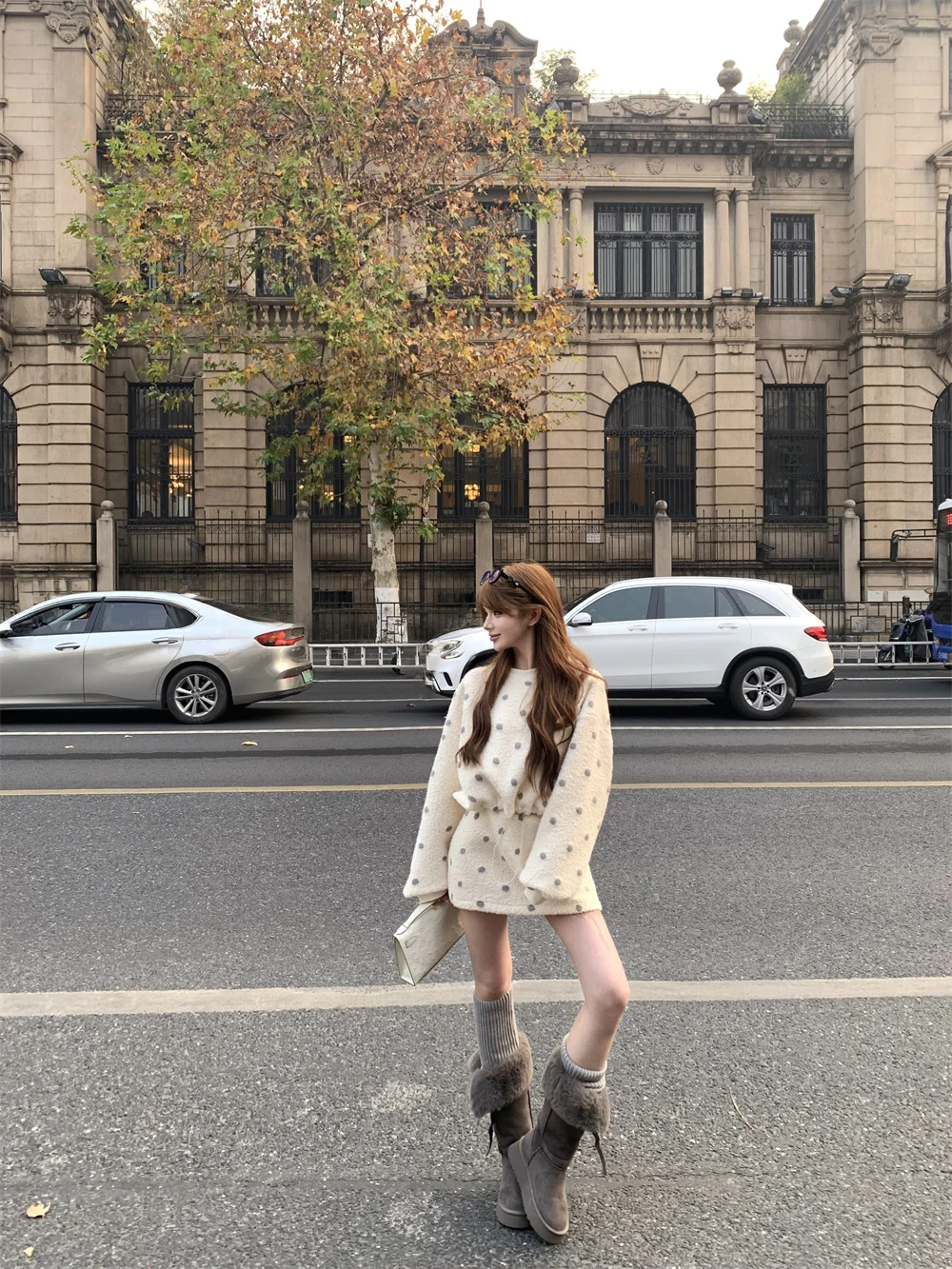 

Kumikumi Polka Dot Lamb Fur Drawstring Hoodie Women's Spring Slim High Waist Skirt Two Piece Set Casual Loose Fit