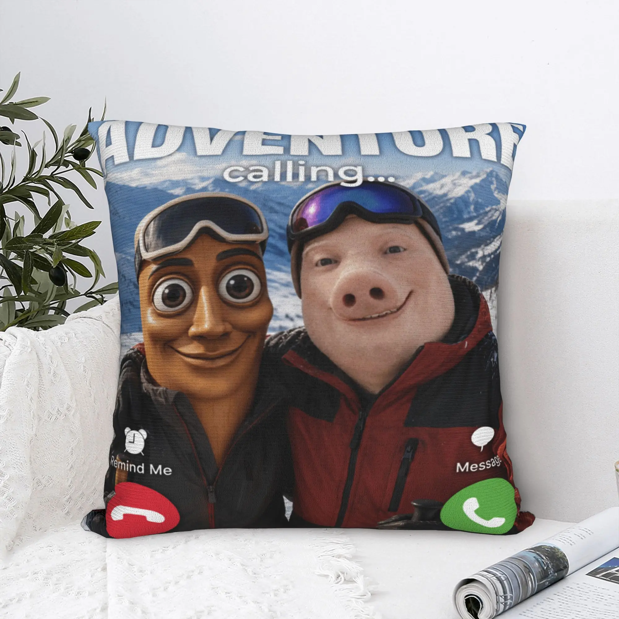 Winter Downhill Ski Trip John Pork Tung Sahur Calling Meme Pillow Cover  Cushion Cover Pillow Case For Living Room Bed Chair