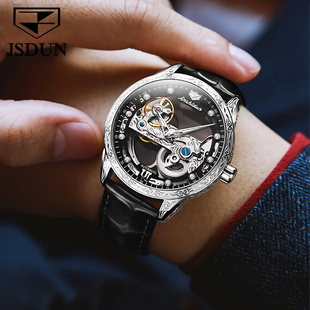 JSDUN-ساعة ميكانيكية أوتوماتيكية للرجال ، مرآة ياقوت ، مقاومة للماء ، حزام جلدي ، كلاسيكي ، أنيق ، علامة تجارية فاخرة ، أزياء