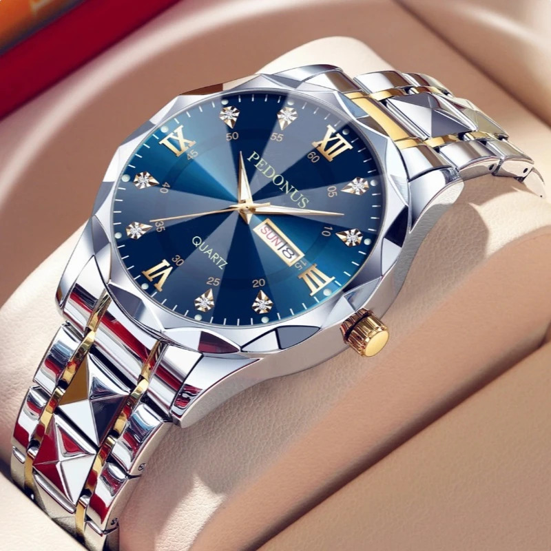 Relógio Masculino, Relógio de Quartzo Casual Fashion com Calendário Duplo e Pulseira de Aço Luminosa