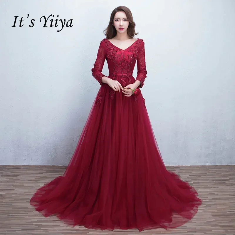 

It's YiiYa Customized Evening Dress Wine Red Appliques Beads V-neck A-line Train Lace Up Plus size Woman Party Formal Gown X066