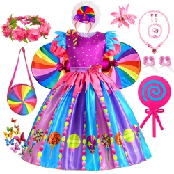 Purim Day Girl's Rainbow Candy Costume Kids Cosplay Lollipop Print Princess Dress with Headband Birthday Party Clothes 2-9Y