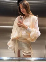 Stunning Shiny Ruffles Lace Up Mini Dress Women's Chic Loose Hollow Out A-line Pleated Vestidos Lady Summer Party Gowns 2026 New - Image 5