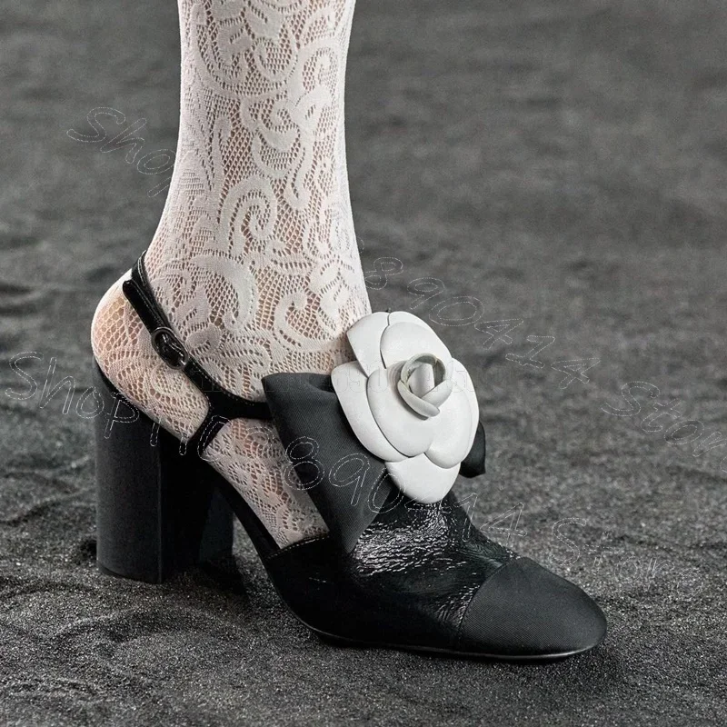 

White Appliques Black Silk Round Toe Pumps Buckle Strap Women Shoes Chunky High Heels New Party Banquet 2025 Zapatos Para Mujere