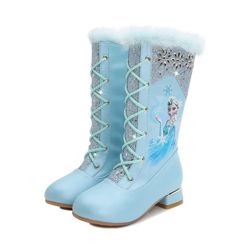 Girls High Heel Boots Winter New Princess Elsa Long Boots Children High Boots Fleece-lined Knight Little Girl Shoes Fashion