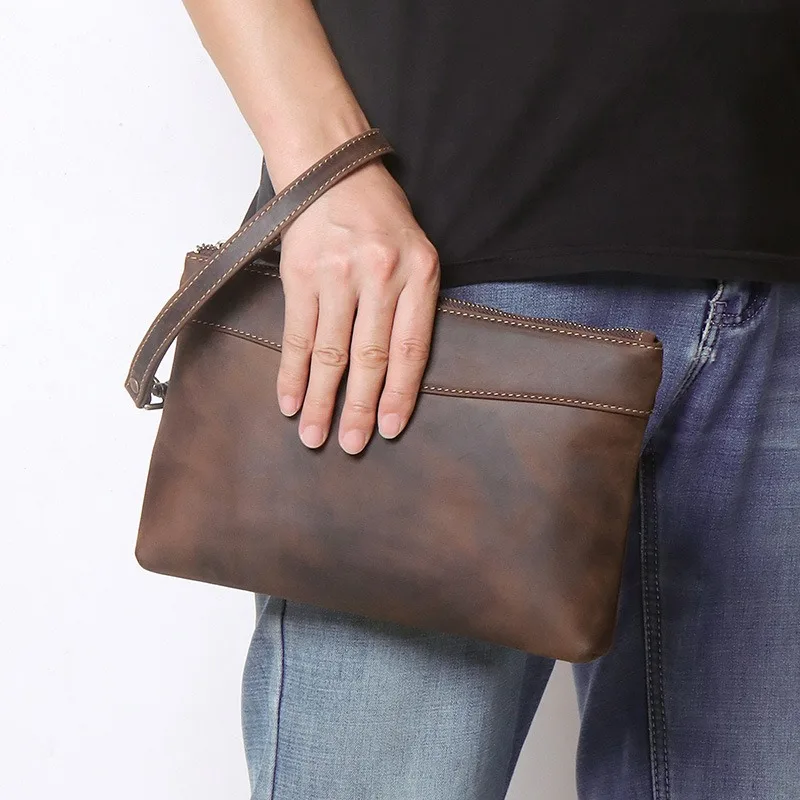 Zency Genuine Leather Men's Clutch Bag Wristlets Top Grain Cowhide Large Capacity Wallet Handbag Vintage Crazy Horse Leather Bag