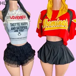 HLJ-Letter Print Puffy Mini saias para mulheres, regata fina sem mangas, roupas de moda, streetwear, Y2K, 2 conjuntos de peças