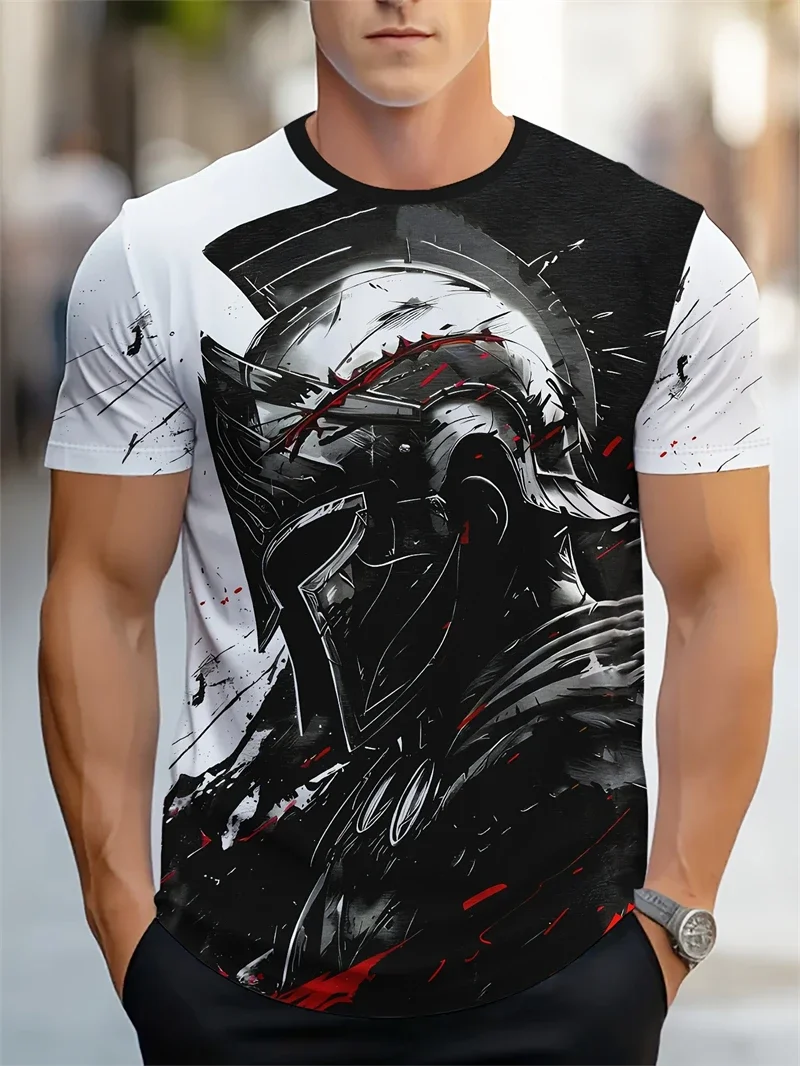 Herren Spartan Warrior Helm 3D Splash Print Kurzarm-T-Shirt mit Rundhalsausschnitt, lässiges T-Shirt für Gothic Street Style Alltagsoutfit