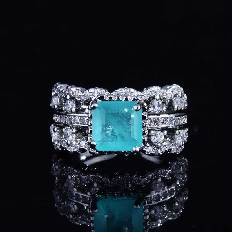 Elegant Imitation Paraiba Tourmaline Silver Ring Set for Ladies - Refined Jewelry Gift Quality Simulated Stones