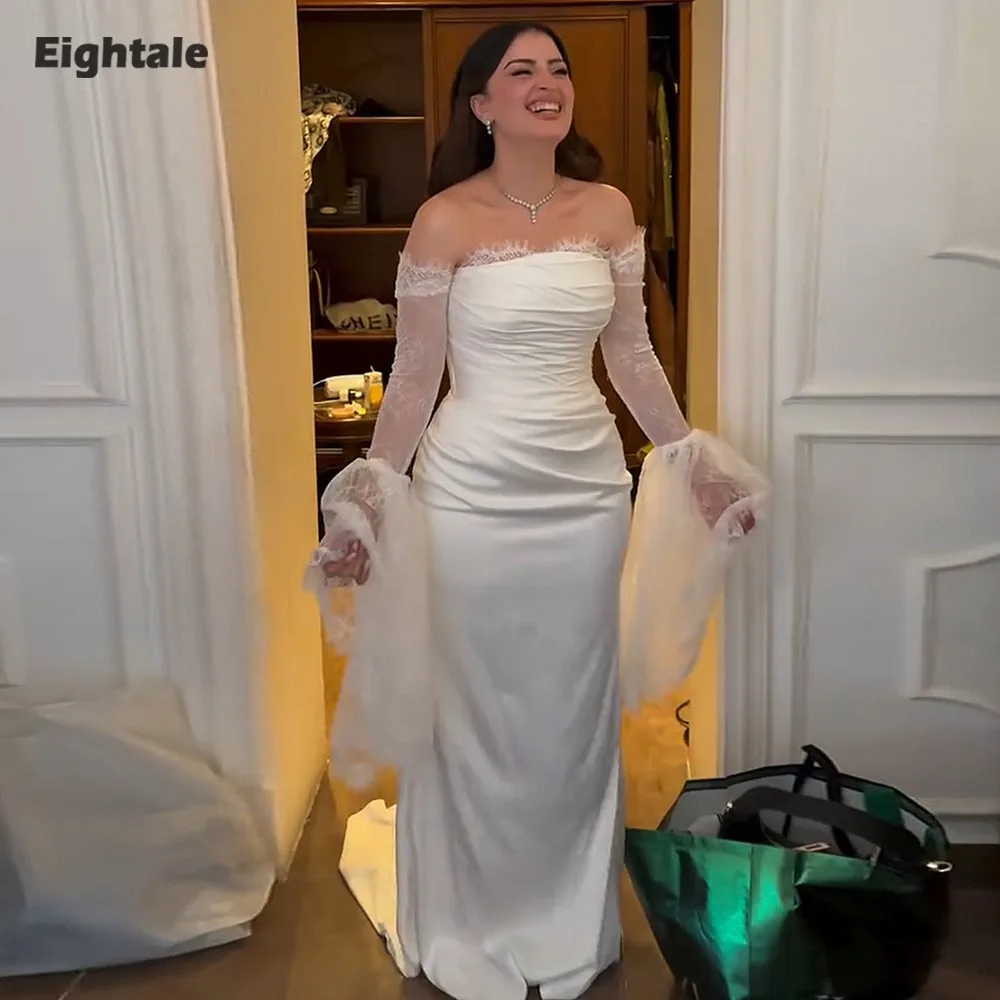 

Eightale Arabic Wedding Dresses Appliques Lace Customized Satin Flare Sleeves Ivory Mermaid Bridal Gowns Vestidos De Novia