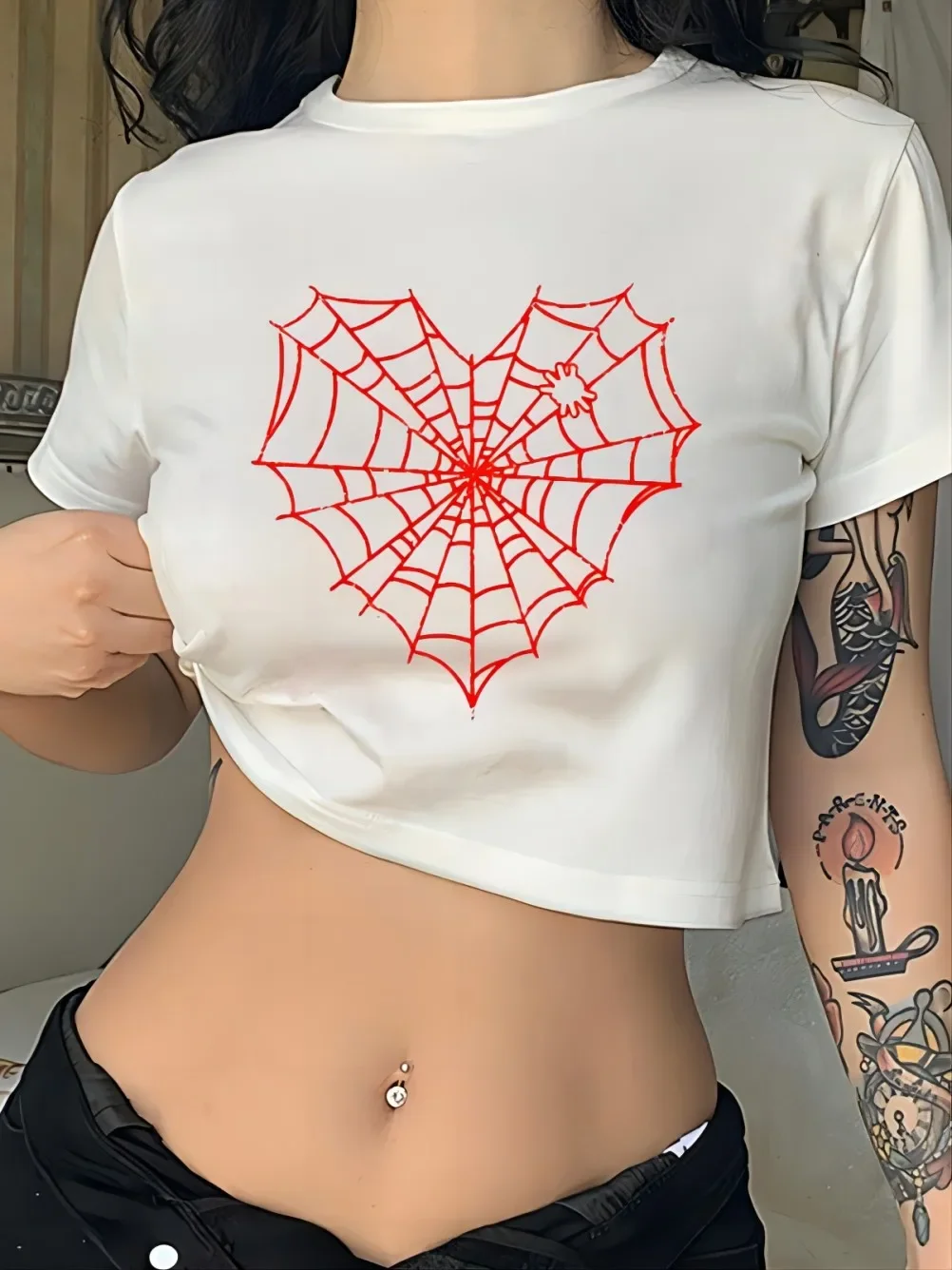 Spider Web Print Harajuku Aesthetics Women's T-shirt 90s Summer Vintage Top Y2k T-shirt