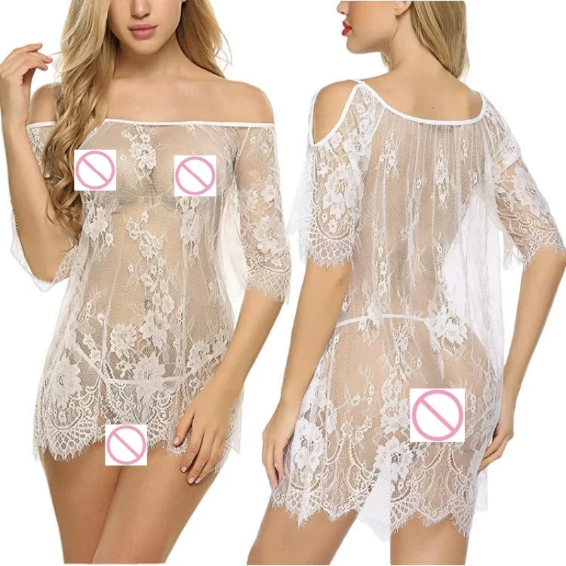 Eyelash Sexy Women Nightwear Temptation Perspective Sleeveless  Shoulder Sleeping Set Midnight Mesh Short Skirts Lace Hoodie18XX