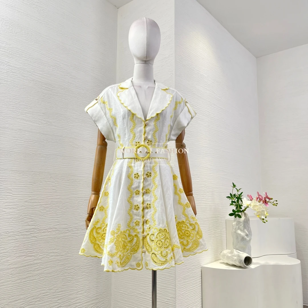 

Pure Linen New Beach Style Embroidery Hook Flower Hollow Vintage Short Sleeve Women 2025 Holiday High Quality Mini Dress