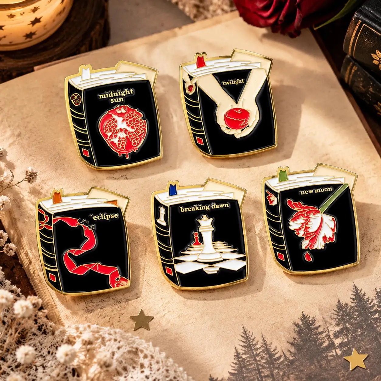 5PCS Twilight Saga Enamel Pin Set Midnight Sun New Moon Vampire Book Brooch Gothic Jewelry Gift for Book Lovers
