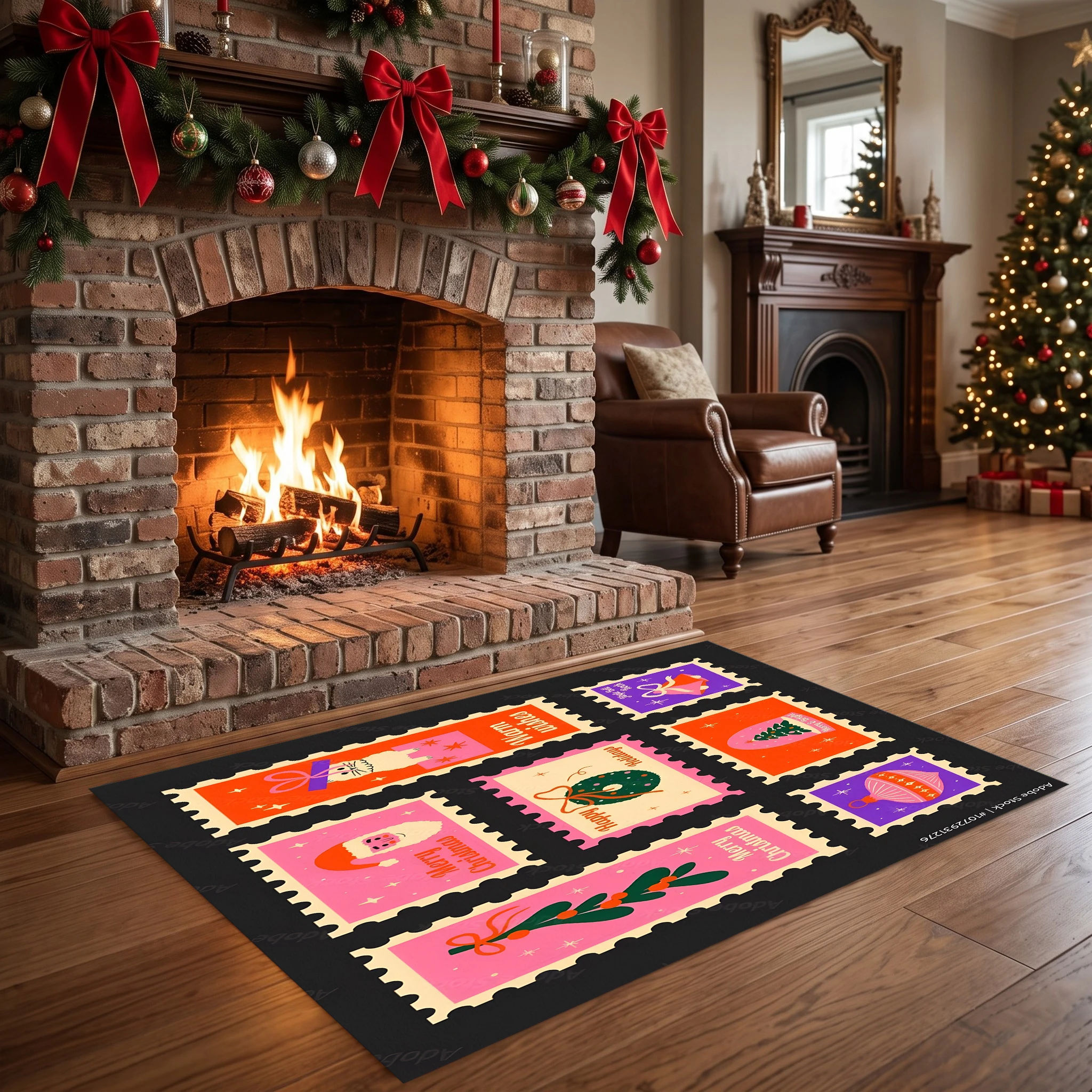 Velvet Rug Christmas Stamp Collage Merry Christmas Slogan Retro Style for Entryway Bedroom Living Room Home Decor