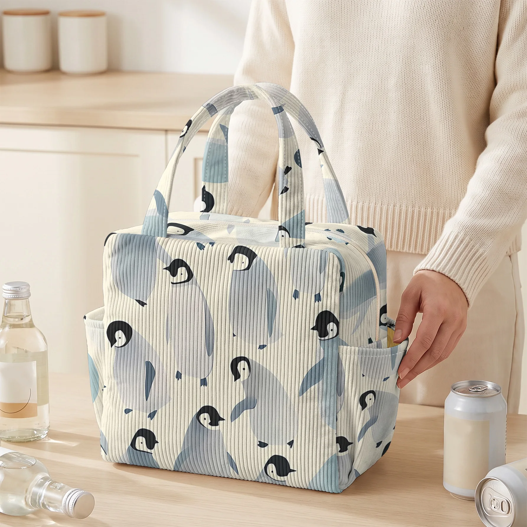 Penguin Print Insulated Lunch Bag Large Capacity Thermal Tote Bag For Work Picnic Daily Use