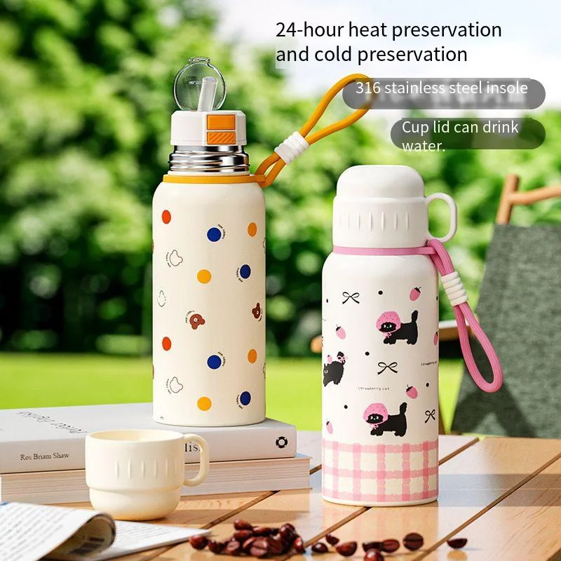 

Чайник из нержавеющей стали 316, большой емкости, термоизоляционный, женский, высокое качество, двойной напиток с рисунком из мультфильма, чашка-термос с веревкой