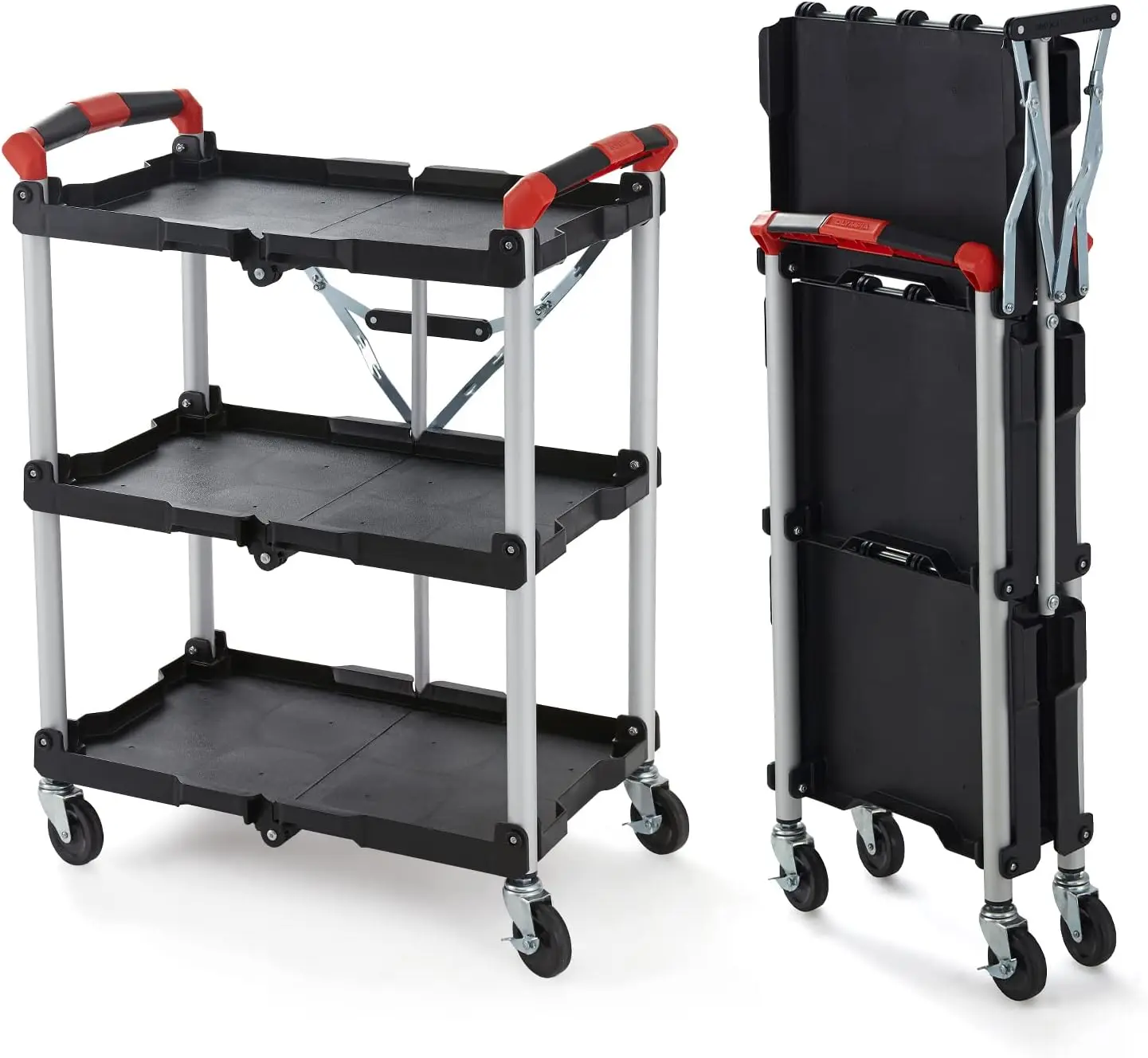 

150 lbs Capacity Folding Service Cart with Locking Mechanism, Collapsible Shelves for Tools and Equipment Storage