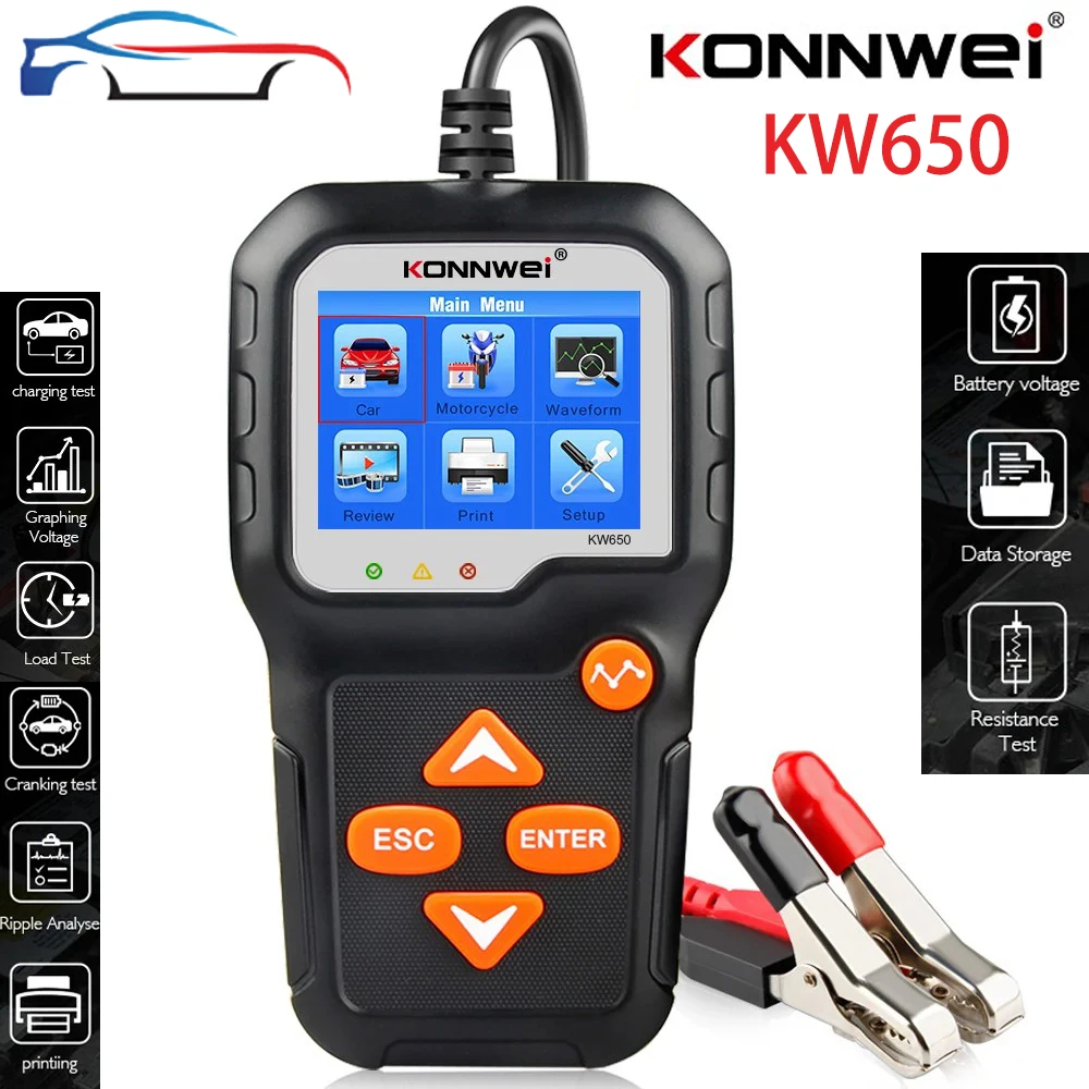 KONNWEI KW650 Car Battery Tester 12V 6V  Motorcycle Battery System Analyzer 2000CCA Charging Cranking Test Diagnostic Scan Tools