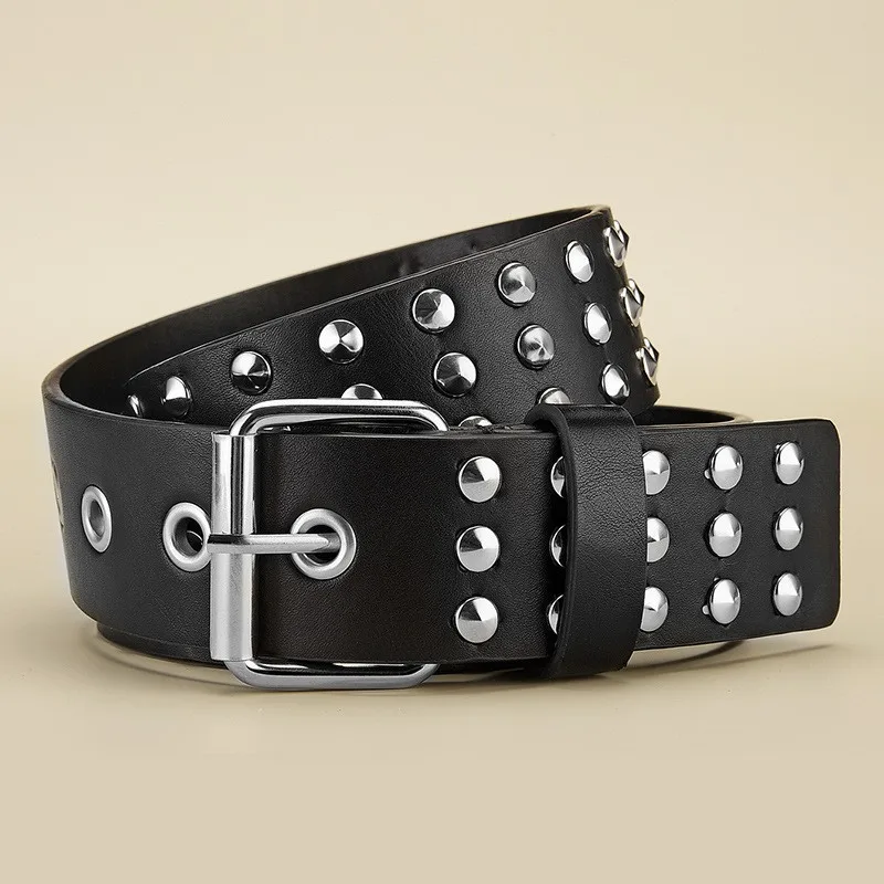 Women\'s Belt Metal Needle Buckle Belt Circular Rivet Men\'s Belt Punk HipHop Rock Style Matching Jeans Belt Cheap PU Leather Belt
