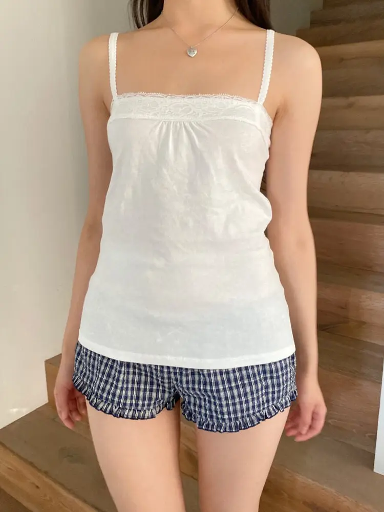 Lace-trimmed Strapless Tops Women Cotton Soft Slim White Sexy Sleeveless Vests Sweet Cute Chic Camisole Y2K