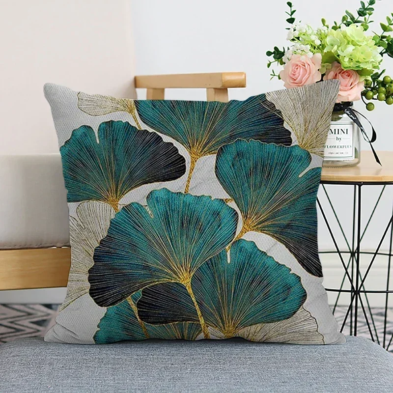 35/40/45CM Ginkgo Biloba Polyester Cushion Cover Waist Pillow Case Black Golden Leaves  Living Room Chair Sofa Home Decoration