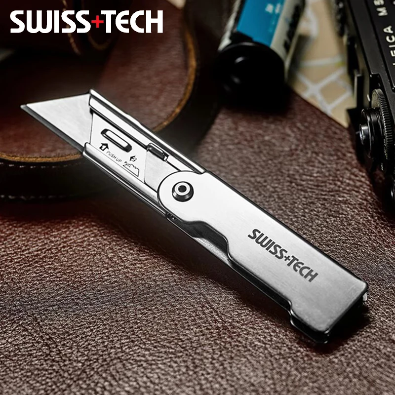 

Swiss Tech Folding Utility Knife Unpacking Express Knife Pocket Knife with Belt Clip Small Cutting Blade for Cutting Box Paper