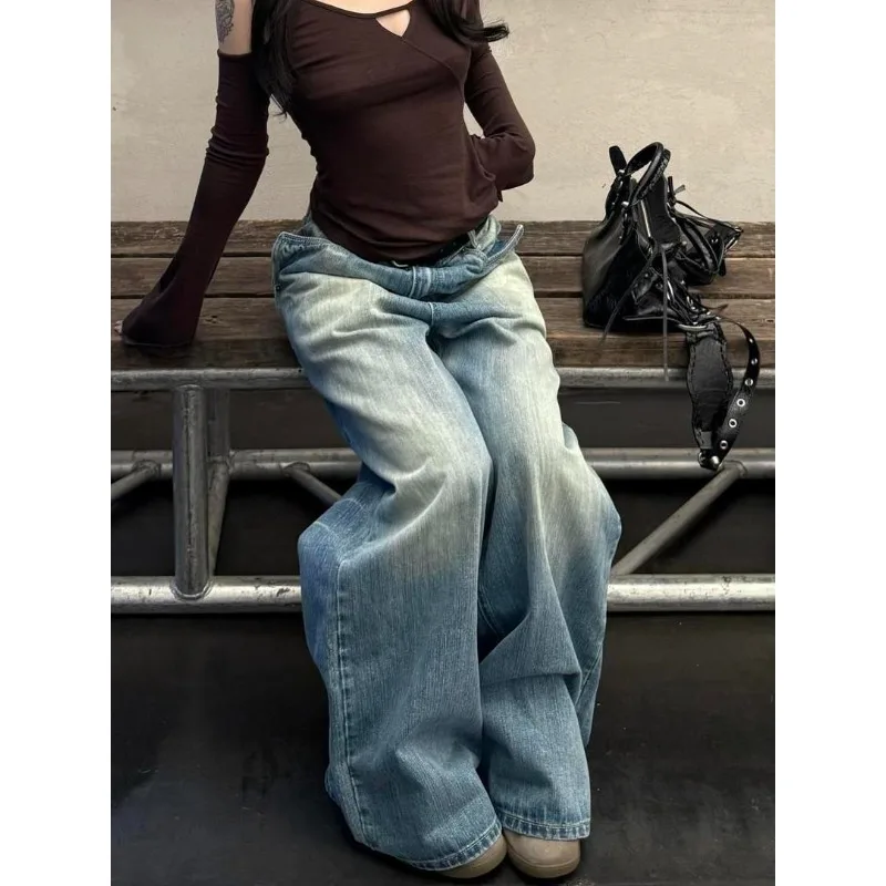 

Intelligence Sensation Pants Loose Fit Long Trousers Cotton American Retro Washed Denim Jeans Cleanfit Silhouette Crack High Y2K