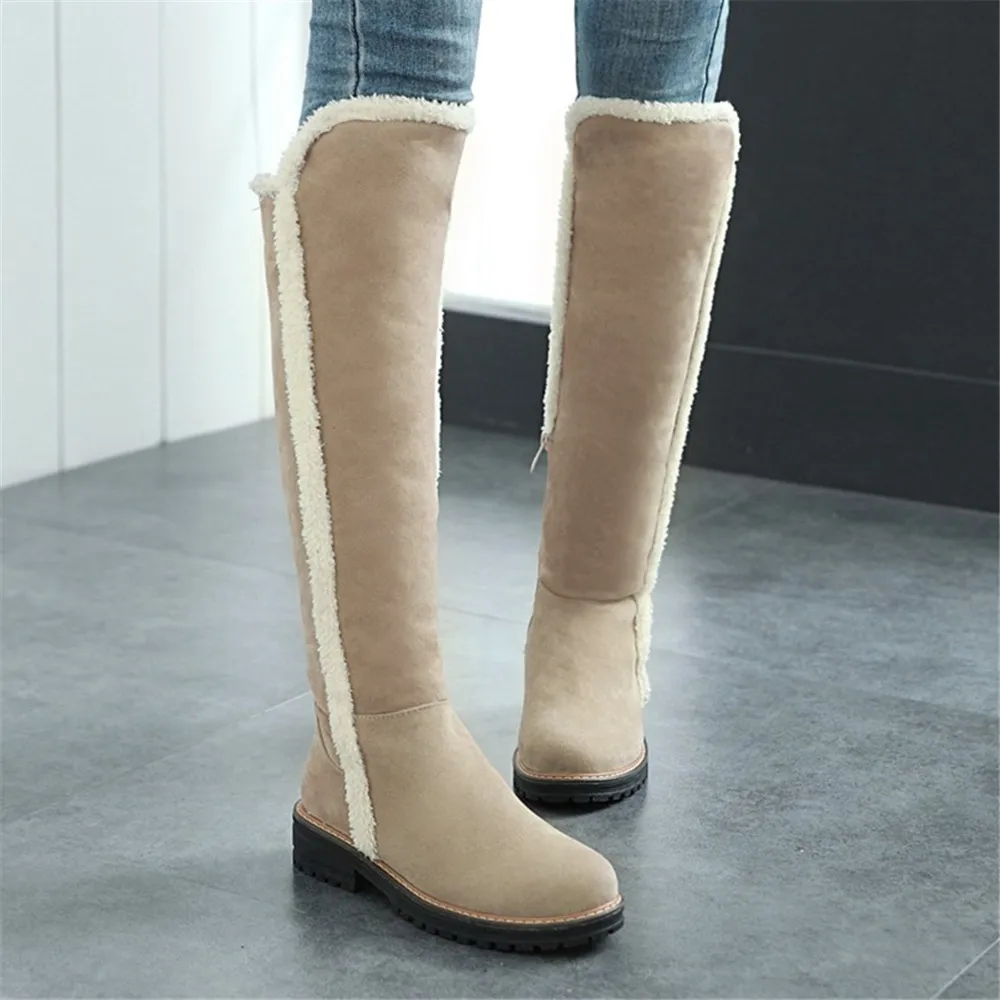 Winter Women Knee-High Boots Warm Plush Lining Snow Boot Faux Fur Trim Flock Zip Thicken Shoes Long Boots Black Brown Beige 2025