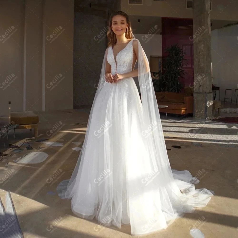 Vestidos De Novia glamorosos, Vestidos De Novia Vintage, Apliques De encaje sin mangas, batas con cuello en V profundo, Vestidos De Novia personalizados 2025