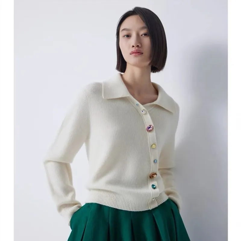 High end 100% Cashmere Collar Knitted Women's 2024 Autumn and Winter Sweater  Button Pullover Sweater,  Fit Woolen Sweater