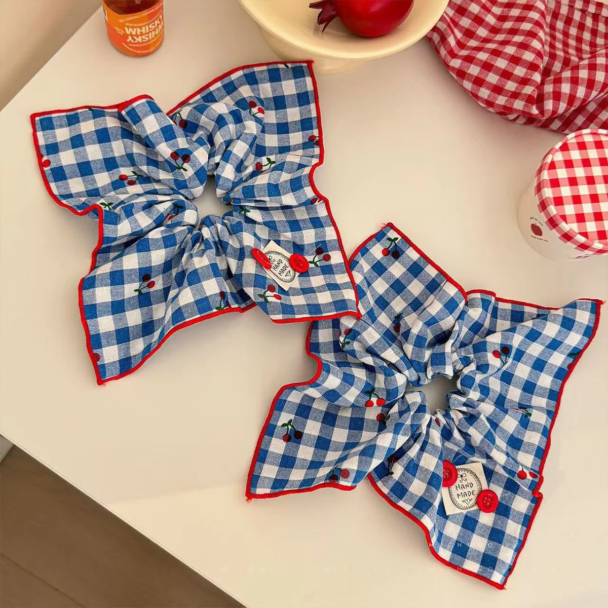 Écharpe carrée à boutons à carreaux bleu cerise coréen, chouchou pour gros intestin, grande cravate pour cheveux pour femmes, corde de tête queue de cheval basse, 1 pièce