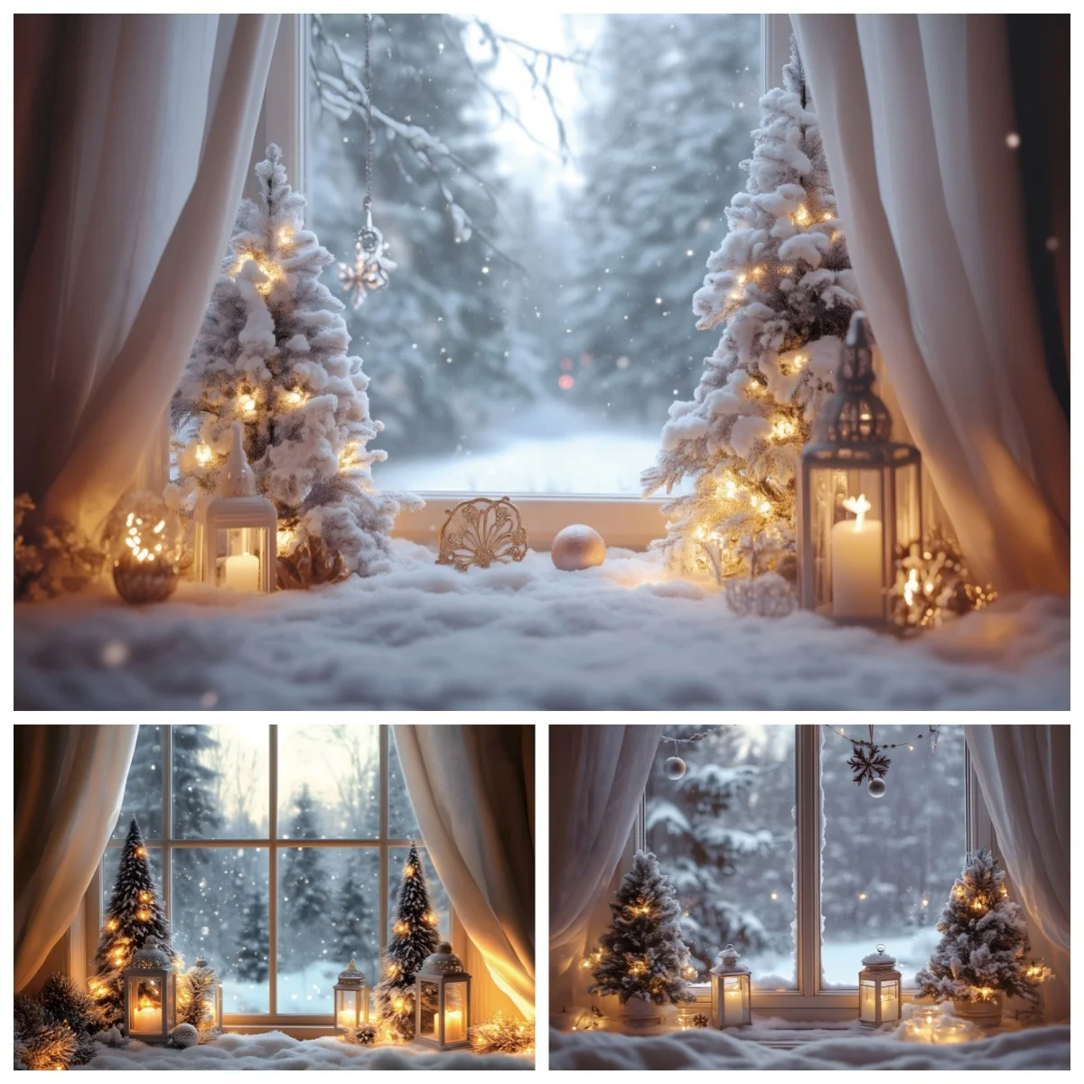 Winter Christmas Tree Backdrop Photography Window Forest Scene Party Decoration Kids Family Portrait Background Photobooth Props