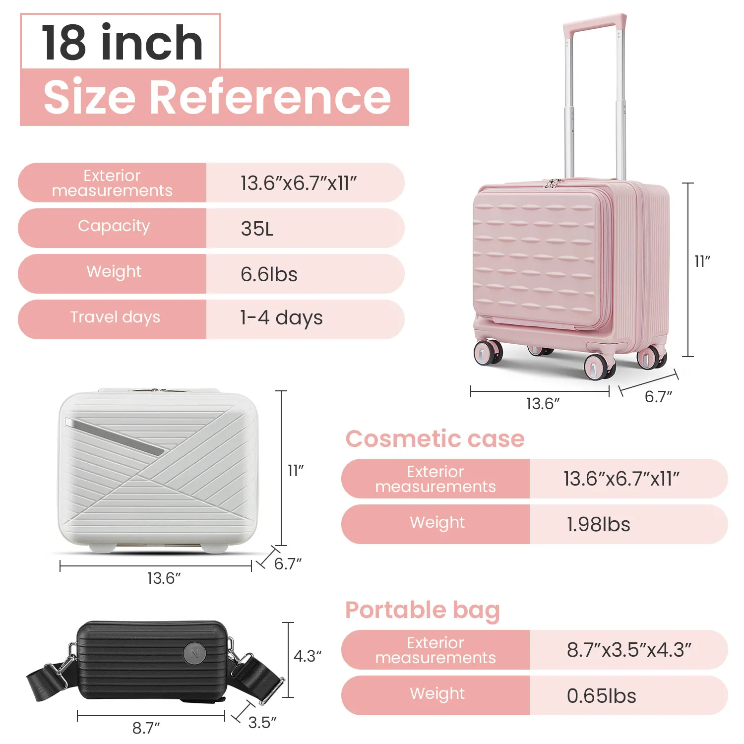 18" Carry On Luggage with Front Open Door &Laptop Interlayer, Hard Shell Suitcase Built-In TSA Luggage Lock,Hardside Lightweight