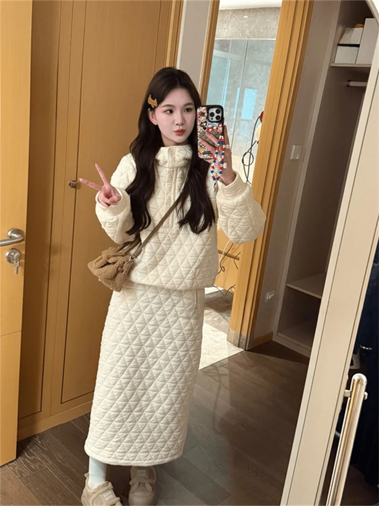 

Women's Thiened Cotton Jaet Skirt Set Winter Faion Outfit Diamond Patterned Long Sve Hoodie Casual Workwear