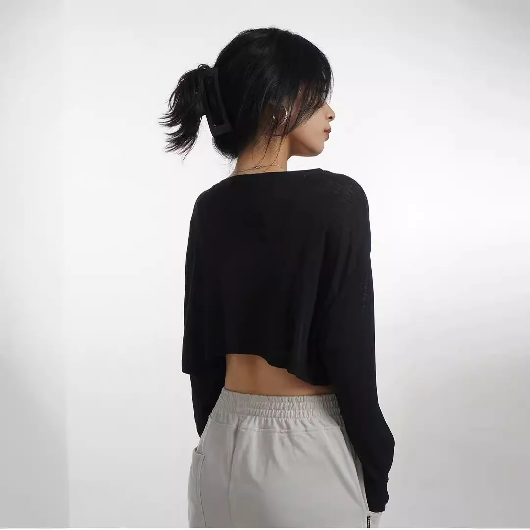 Hiphop  Women T-shirt Casual Long Sleeve Crop Top Loose Fit Yoga Tops T Shirts Solid Color Medium Long Yoga Training Tops