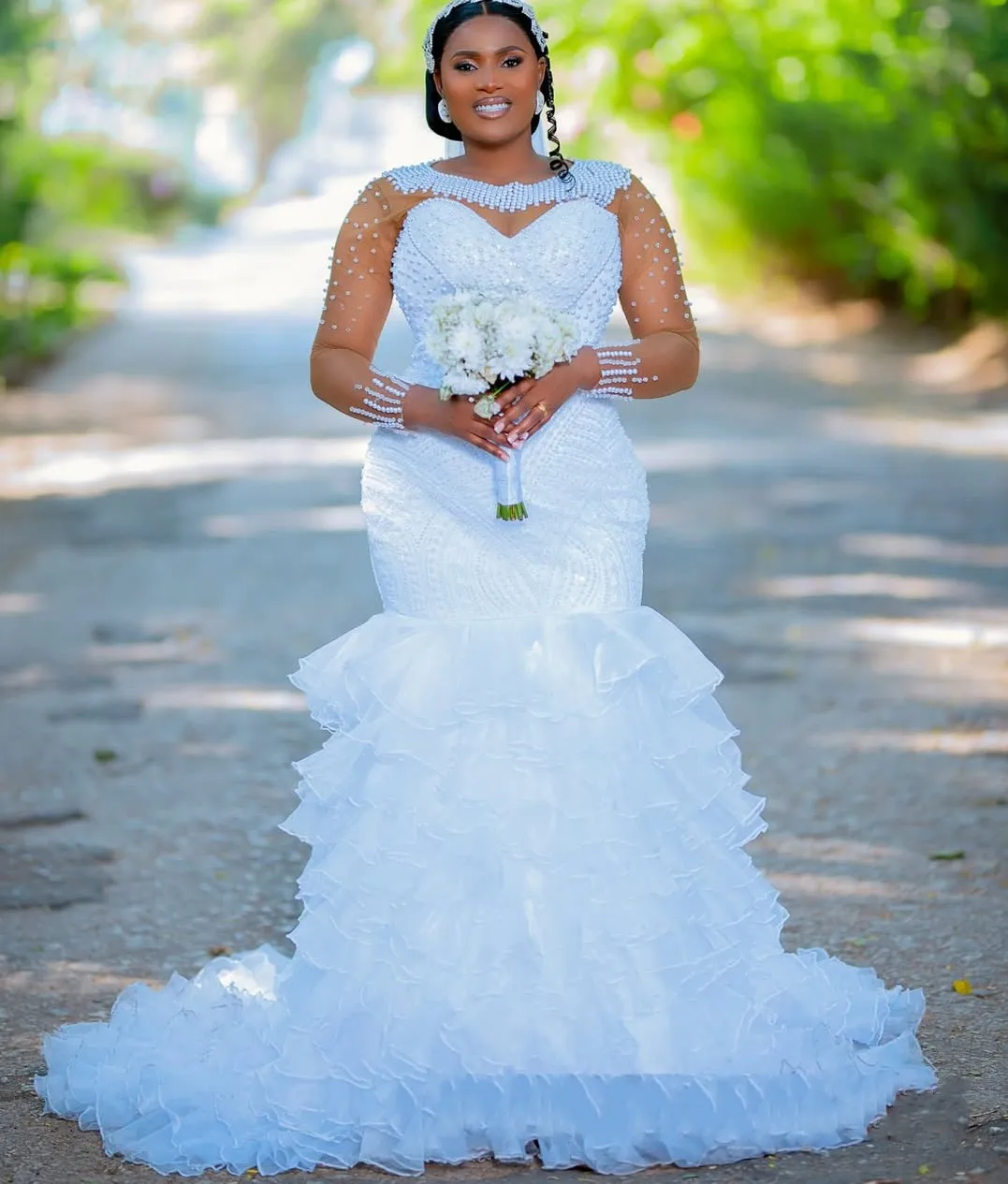 

African Wedding Dress Bridal Gowns For Bride Mermaid Sheer Neck Pearls Illusion Beaded Lace Tires Appliqued Vestidos De Novias