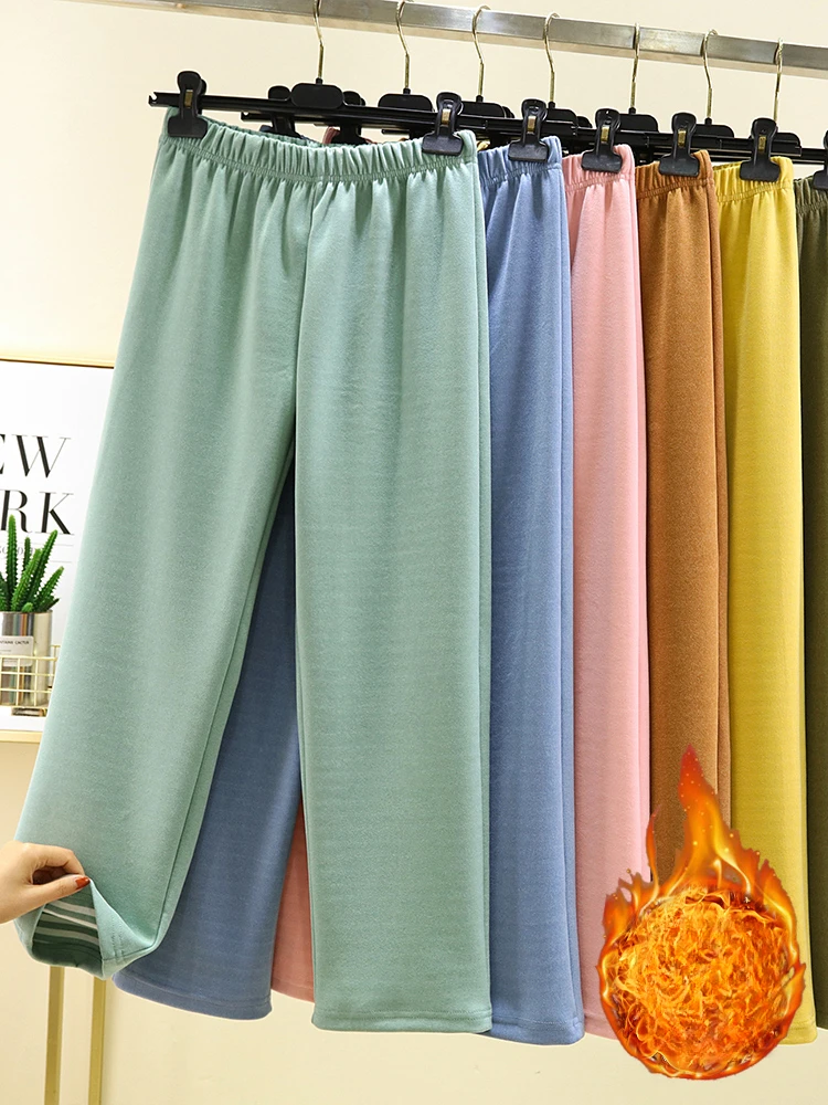

2024 женские осенне-зимние Новые плотные теплые бархатные брюки Женские однотонные широкие брюки женские теплые прямые повседневные брюки E141
