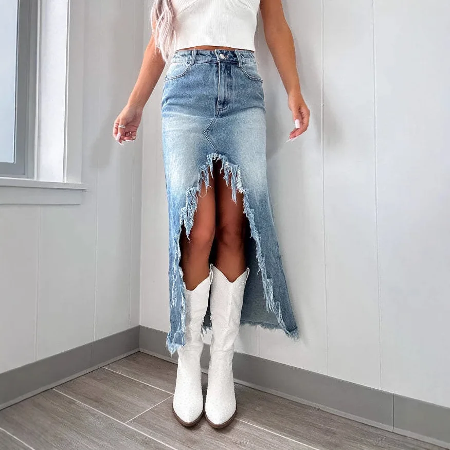 Denim Skirts Women Mid Length Skirt Slim Bodycon High Waist Button Pocket Streetwear Y2k Elegant Splice Blue Irregularity 2025