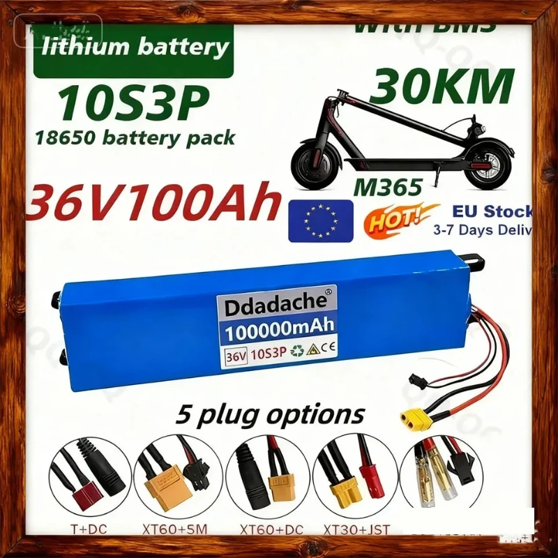 NEUER 36V 100Ah 18650 Wiederaufladbarer Lithium-Akku 10S3P 500W Hochleistungs-Akku für Modifizierte Fahrräder, Roller und Elektrofahrzeuge mit BMS