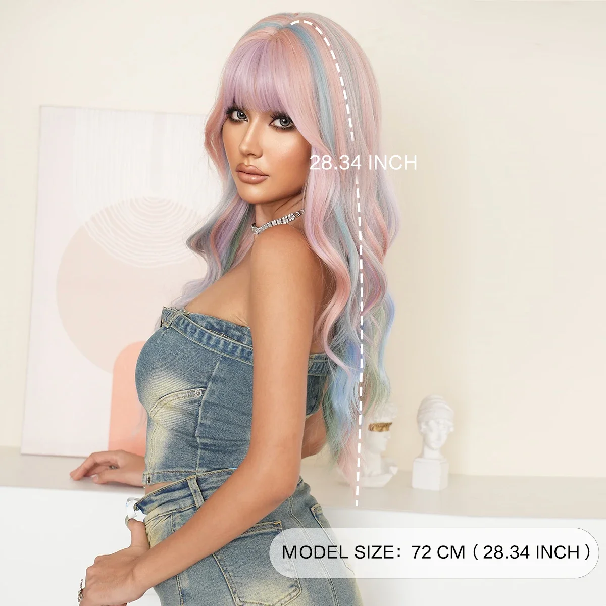 NAMM Long Curly Iridescent Rainbow Color Multicolour Synthetic Wigs For Women Daily Party Cosplay Heat Resistant Hair With Bangs