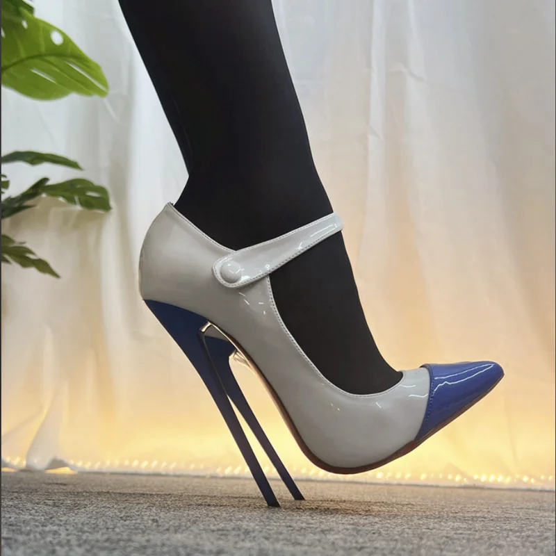 Caca 16cm/12cm Damen Pumps, gemischte Farben Zehen flach aus Schuhe, Mode sexy High Heels,Front riemen. blau, weiß, 33-46, Landung schiff