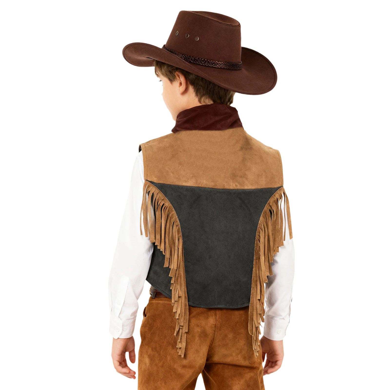 Kids Western Cowboy Cowgirl Costume Halloween Carnival Party Cosplay Waistcoat Outfit Gold Webbing Trim Fringed Vest Hat Bandana
