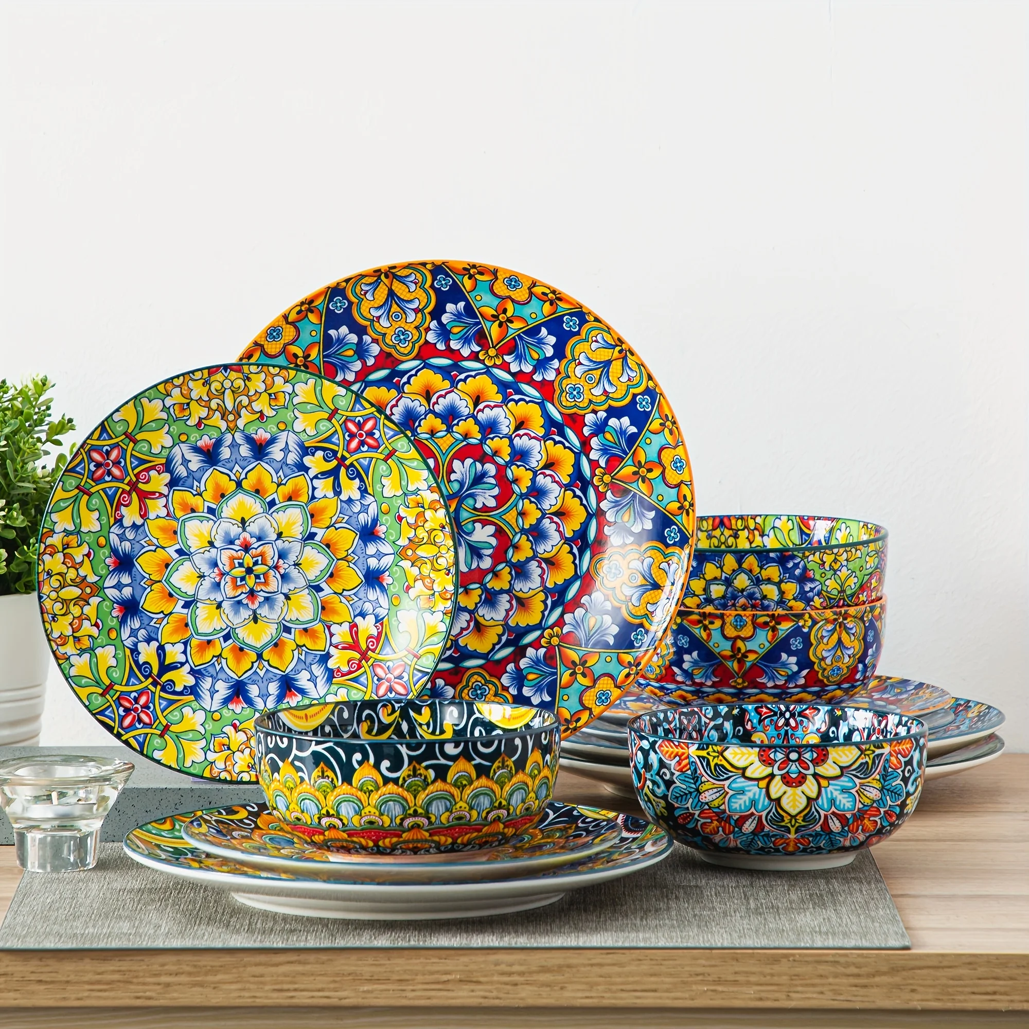 

12pcs Bohemian Dinnerware Set Suitable for 4 - Round Dinner Plates, Salad Plates & Bowls, Dishwasher & Microwave Dishes, Tablewa
