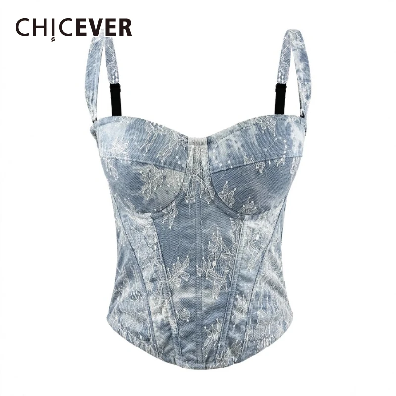 

CHICEVER Blue Spliced Lace Female Tank Top Sweetheart Sleeveless Temprament Slimming Basics Women's Tank Tops Fashion Summer New